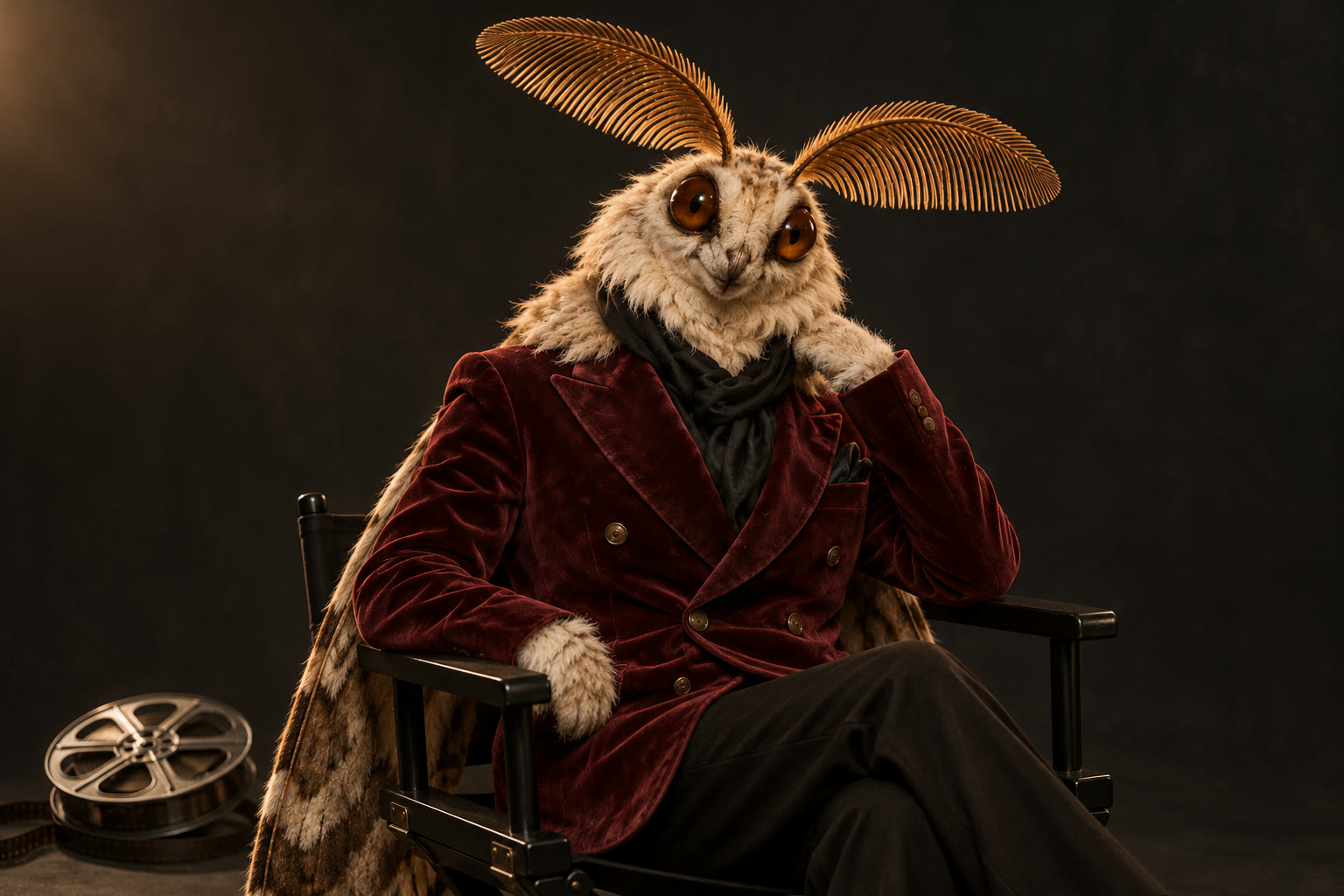 Mallow, an ivory moth in burgundy velvet, seated on a director’s chair