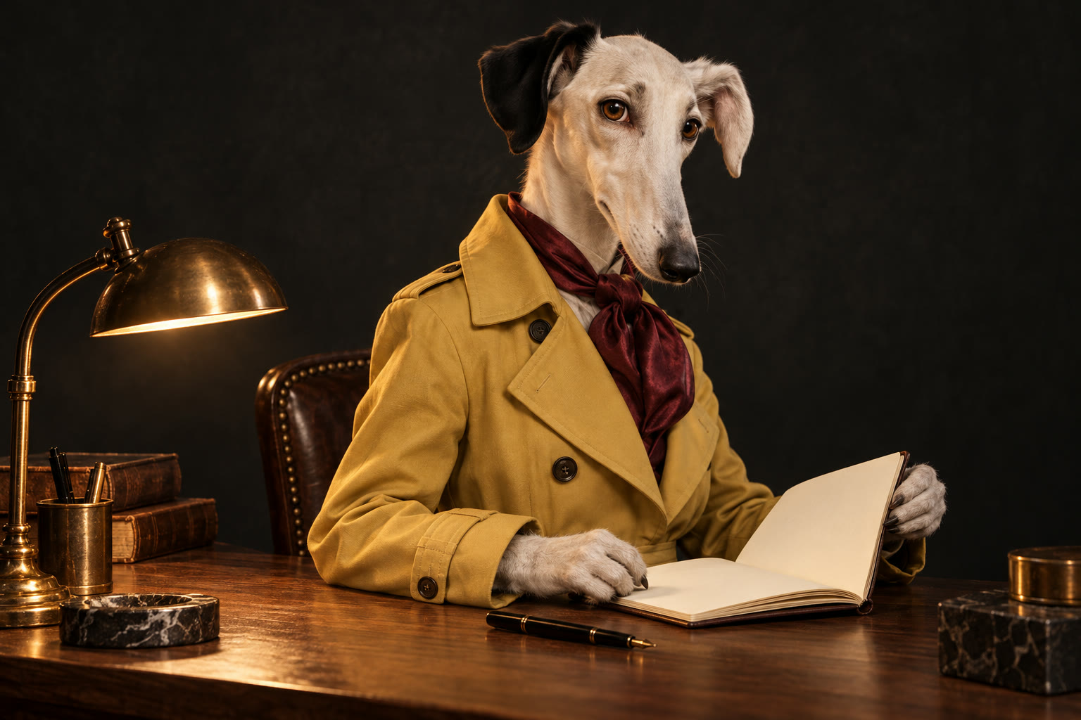 Marble, a greyhound in a mustard trench coat, reviewing an open notebook