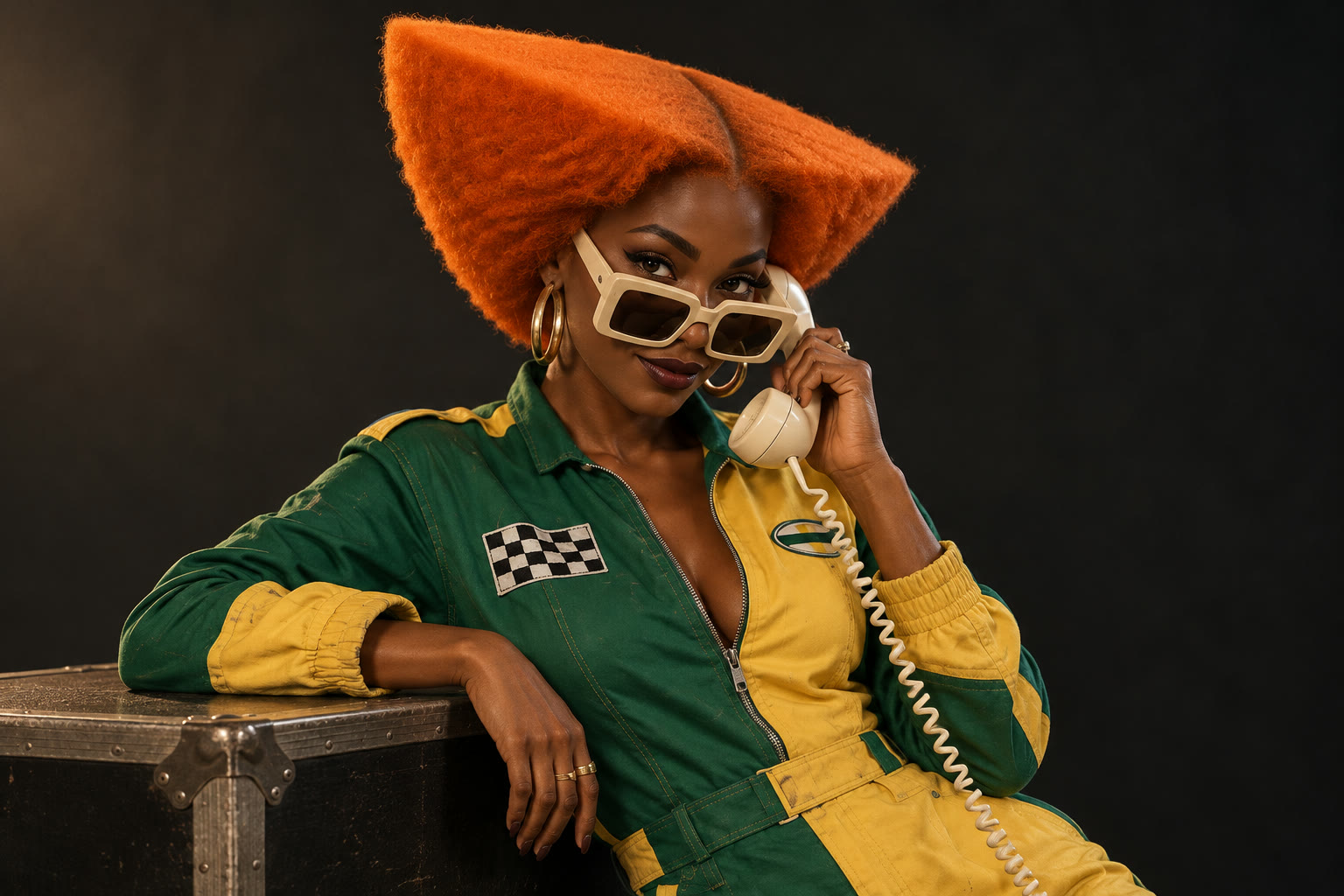 Zizi with bright orange triangular hair on a cream telephone